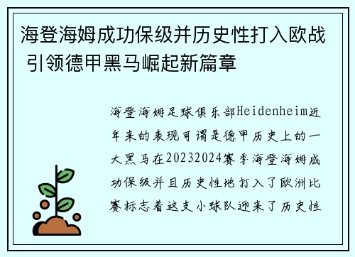 海登海姆成功保级并历史性打入欧战 引领德甲黑马崛起新篇章 海登海姆成功保级并历史性打入欧战 引领德甲黑马崛起新篇章